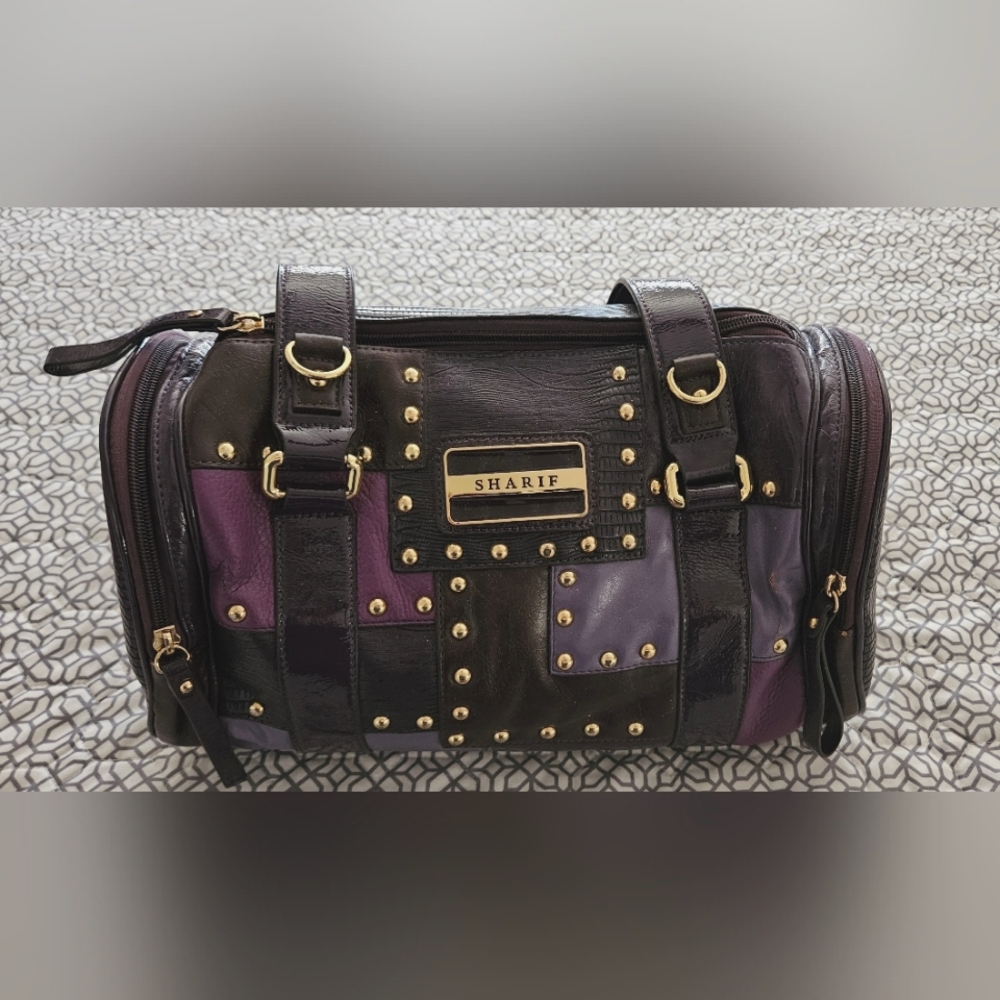 Sharif purple lover's, leather, patchwork, studded purse w/wristlet
